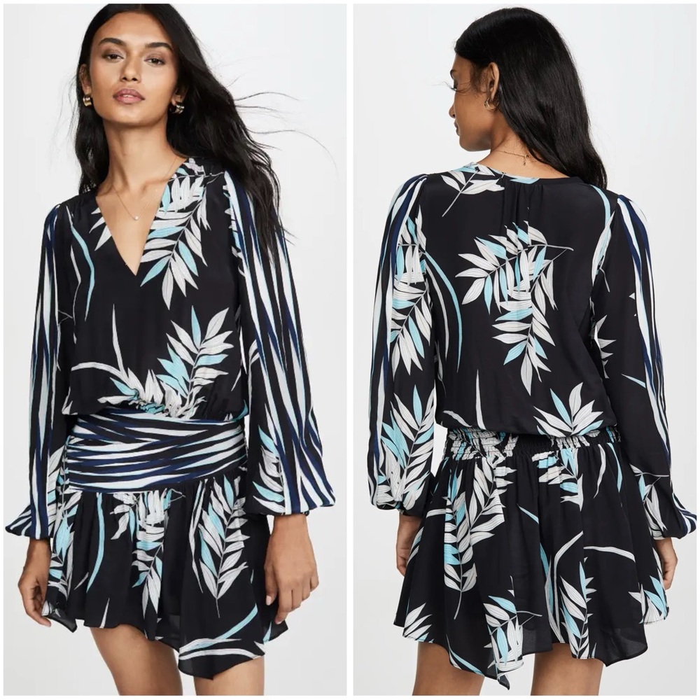 Ramy Brook Black Dress with White and Teal Leaf Print